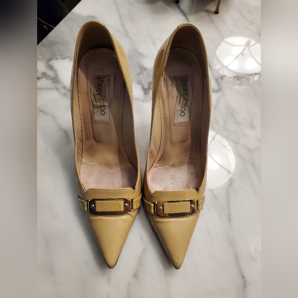 Jimmy Choo Beige Heels with Buckle Accent Size 38.5 *see condition